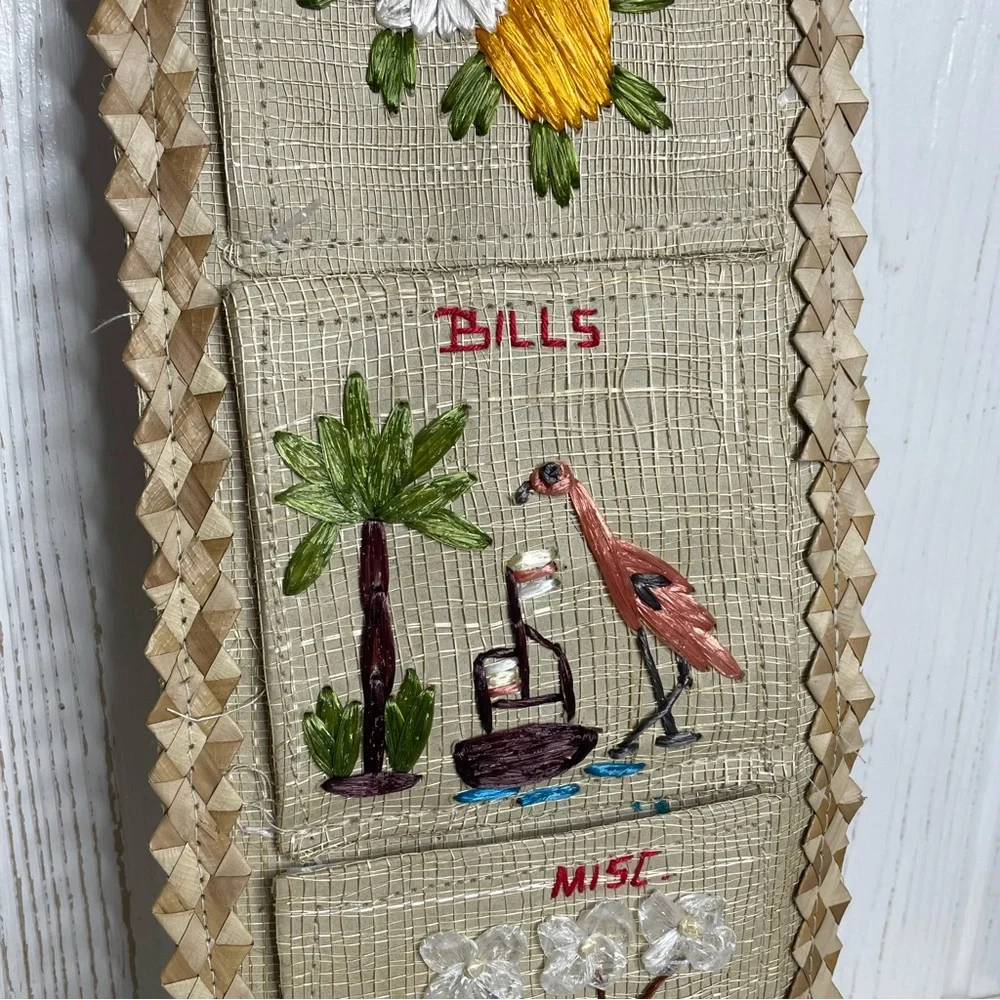 Vintage Smokey Mountains Souvenir Hanging Mail Organizer Woven Flamingo Flowers